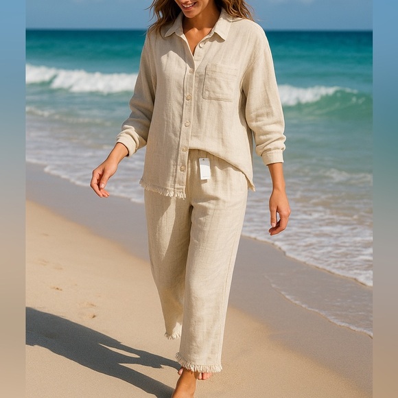 Primark Pants - NWT,Neutral Linen Blend Textured Lounge Set Button Top + Fringe Pants EUC Size L